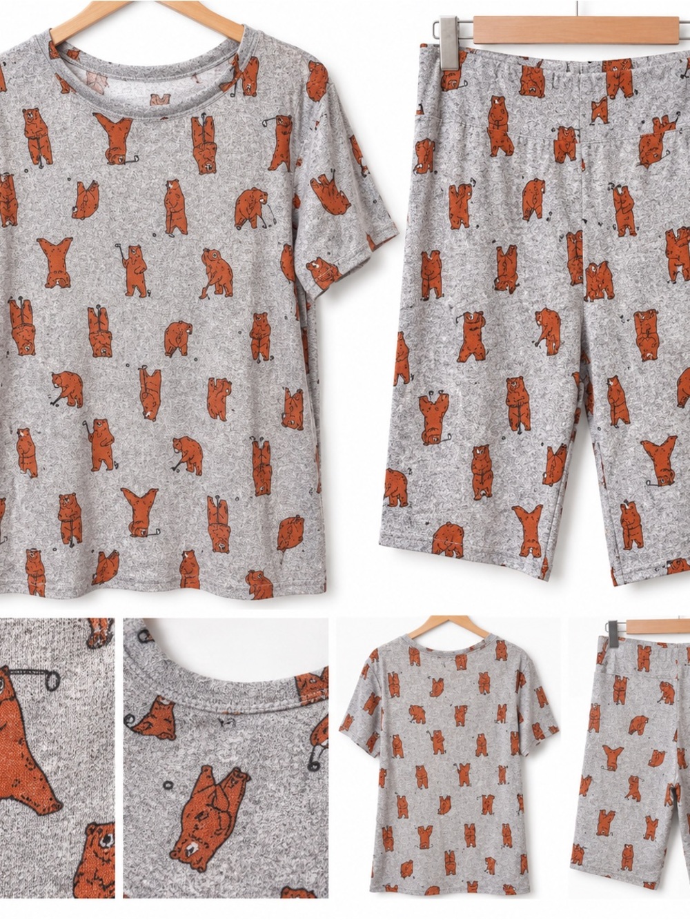 Children's Gray Bear Print Pajama Set - Orange Bear Motif
